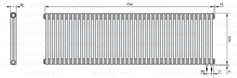 Схема (чертеж) Радиатор Zehnder Charleston 2120/39 №5510 Белый глянцевый RAL 9016